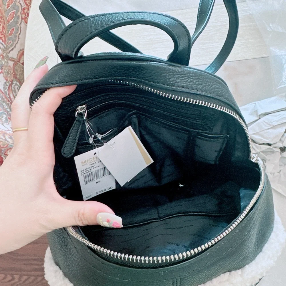 - MICHAEL KORS RHEA ZIP MEDIUM BACKPACK BLACK LEATHER NATURAL SHEARLING/NWT - Picture 6 of 15